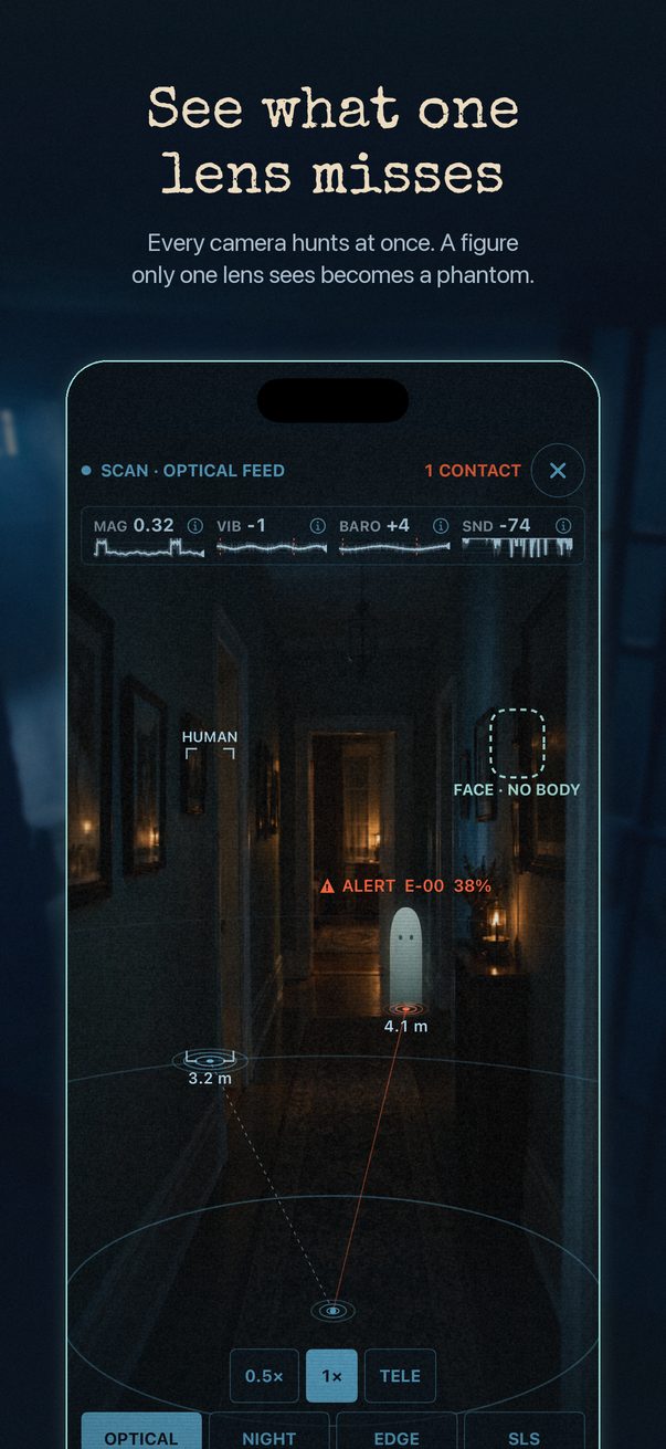 Scan view: a contact marked as a phantom in a dark hallway